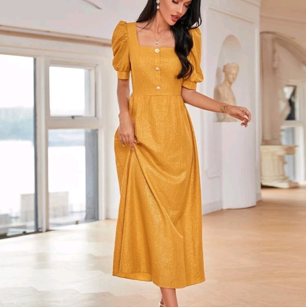 Gold aline dress puff sleeve